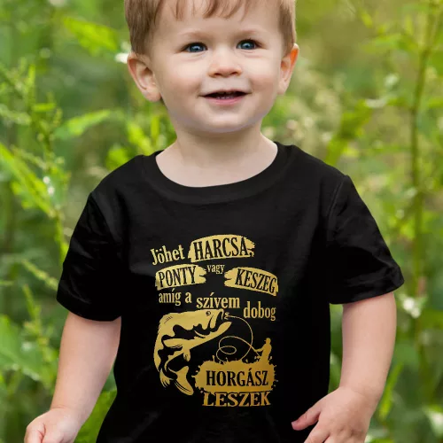 Pecás gyerek póló - Jöhet harcsa, ponty, keszeg  - Fekete 128