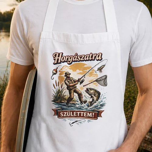 Pecás_ajándék_Horgászatra_születtem_kötény_