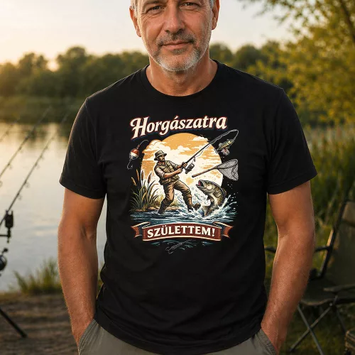 Pecás_ajándék_Horgászatra_születtem_póló_