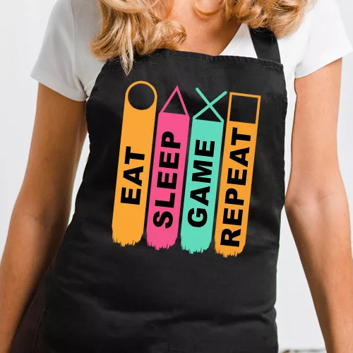 Gamer_ajándék_Sleep_Game_Repeat_kötény_