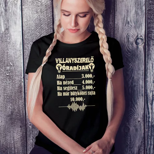 Szakmás_női_póló_Villanyszerelési_óradíjak_