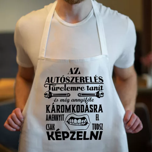 Kötény_autószerelőnek_Türelemre_tanít_