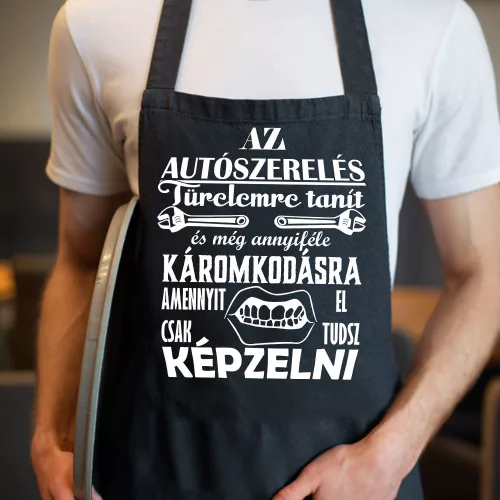 Kötény_autószerelőnek_Türelemre_tanít_